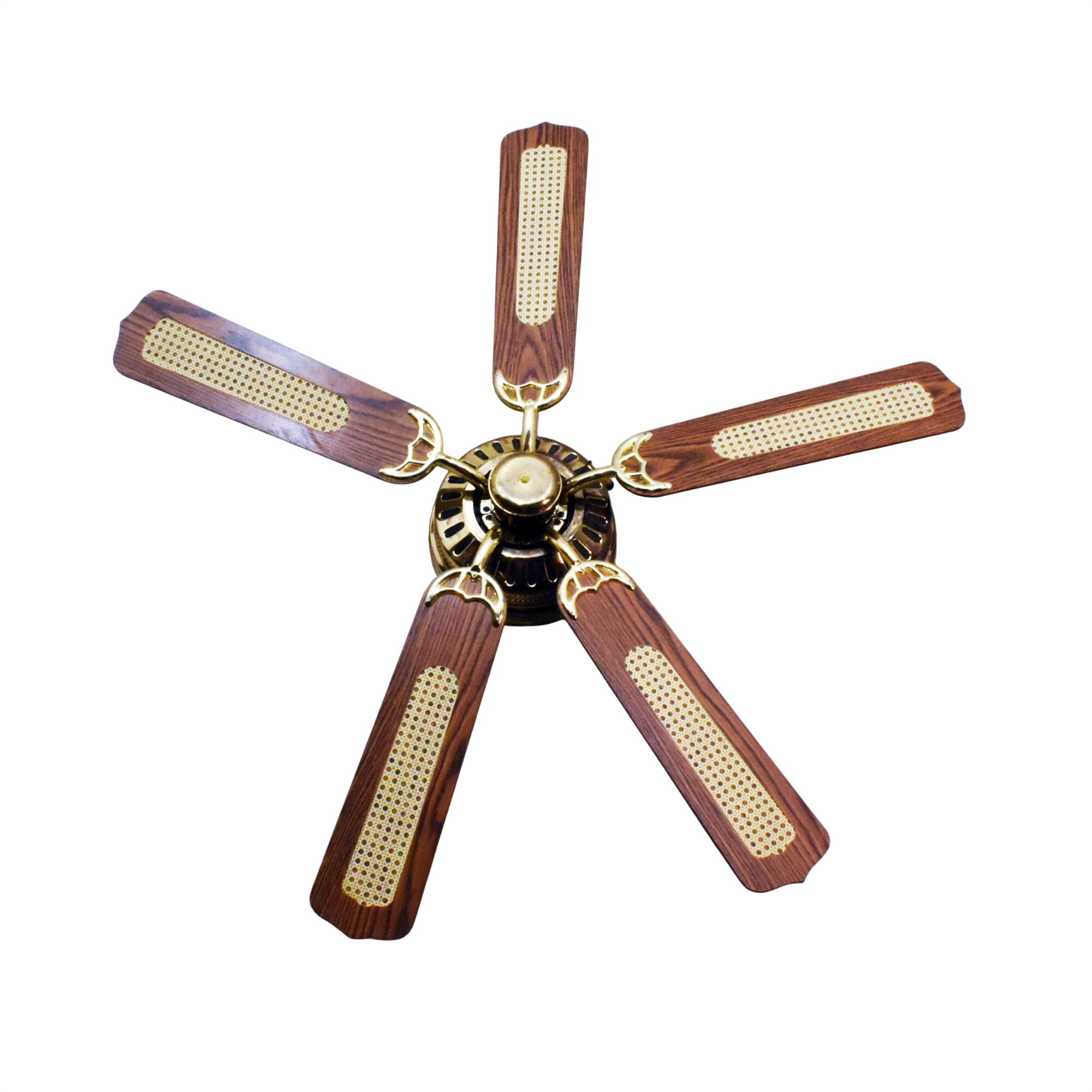 Ventilateur de Plafond - Style Colonial - Métal Doré Rotin Canné & Contreplaqué